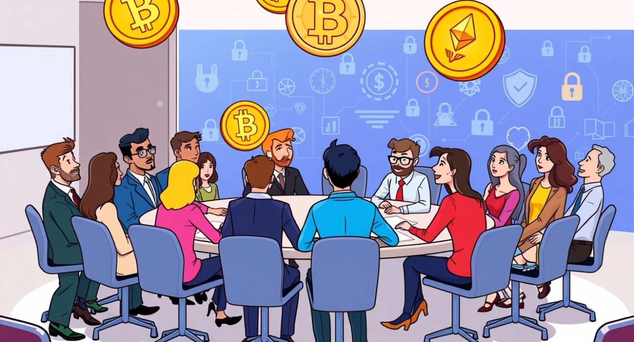 SEC crypto task force discussing privacy and cryptocurrency regulations in a vibrant meeting