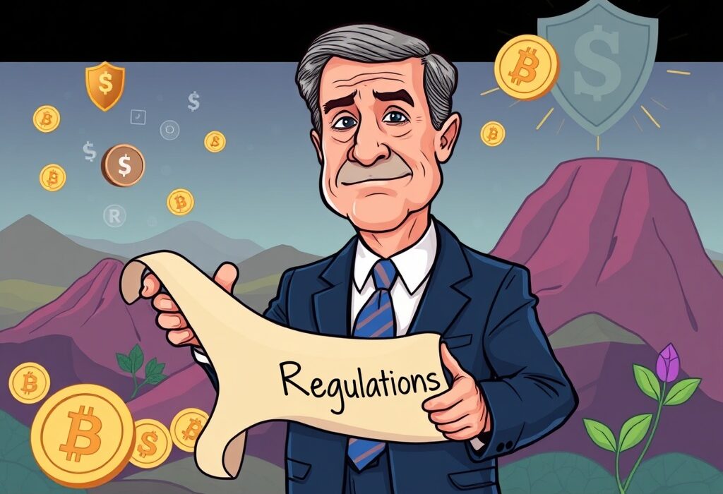 Cartoon illustration of SEC Chairman signaling a clear path for cryptocurrency regulation, emphasizing investor protection and market order.