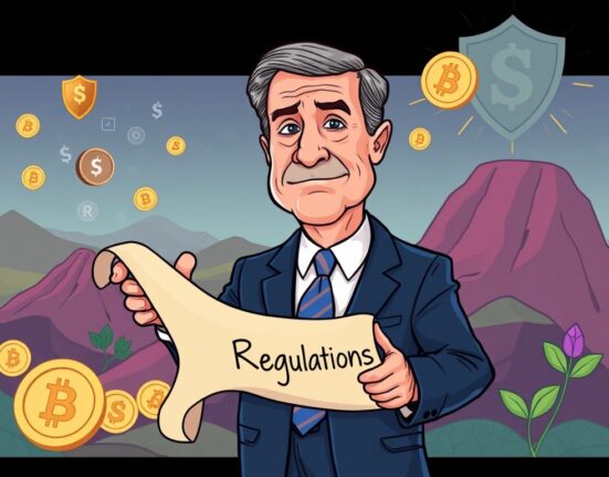 Cartoon illustration of SEC Chairman signaling a clear path for cryptocurrency regulation, emphasizing investor protection and market order.