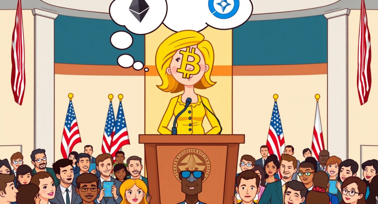 SEC Commissioner seeking public feedback on cryptocurrency trading regulations with crypto symbols in thought bubble