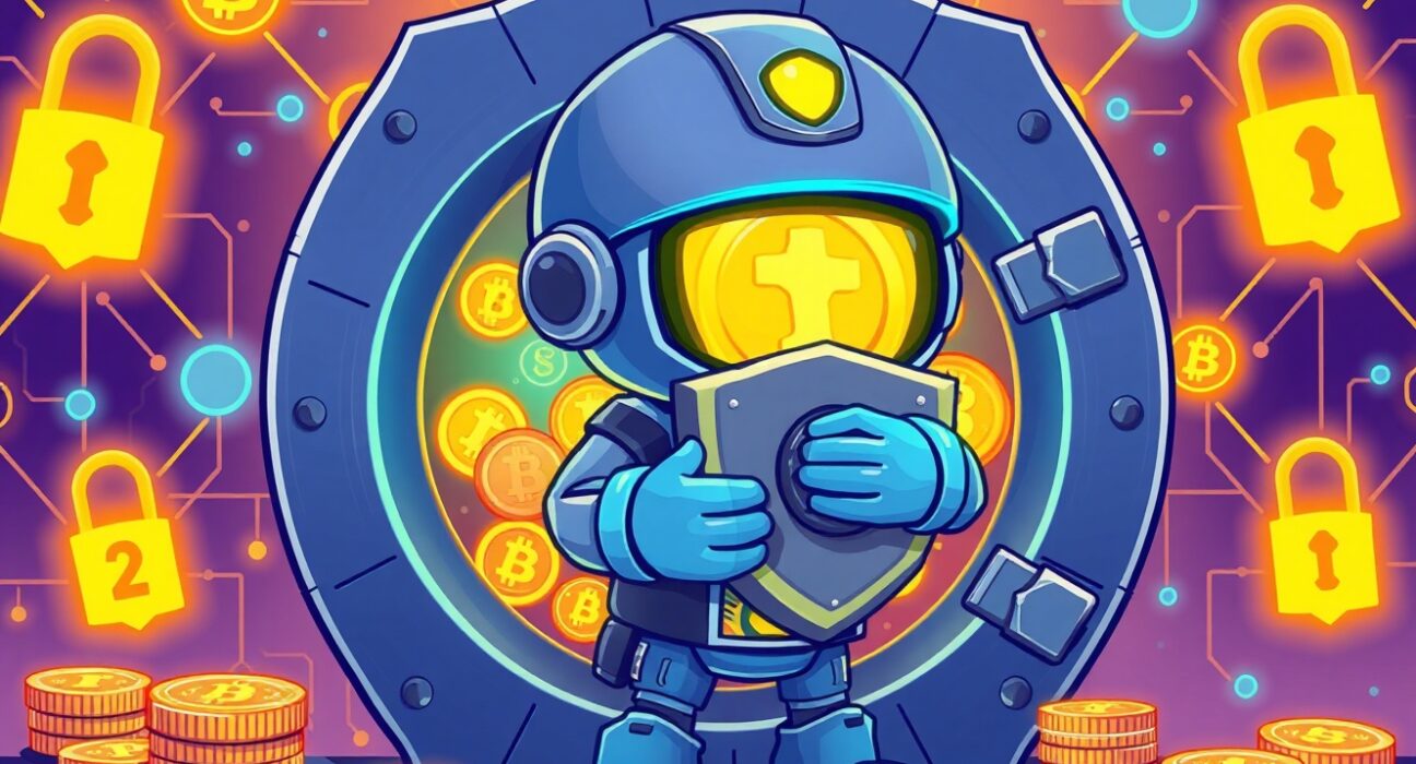 A vibrant cartoon guardian securing digital asset securities in a futuristic vault, illustrating the new SEC custody rules.