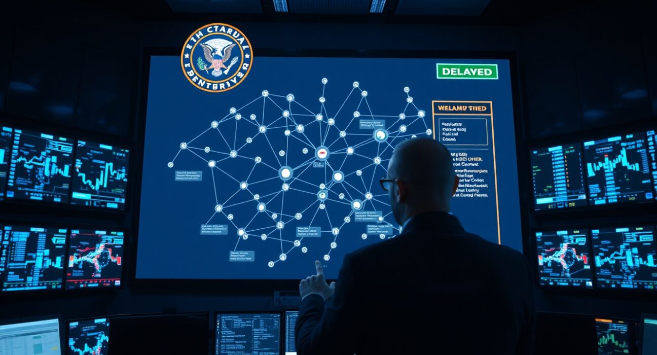 A financial regulatory control room with a large digital display showing a network of tokenized assets and an SEC delay notice.