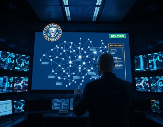 A financial regulatory control room with a large digital display showing a network of tokenized assets and an SEC delay notice.