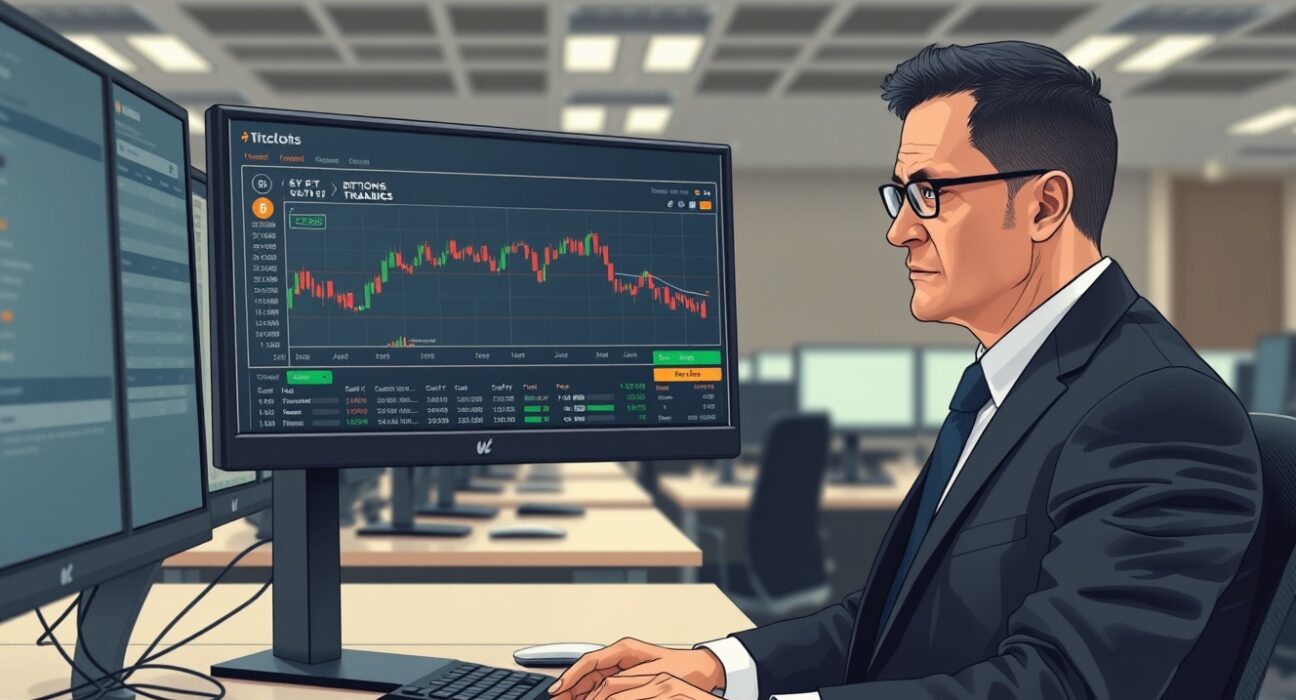 Financial analyst reviewing Bitcoin options trading data on monitor during SEC regulatory review