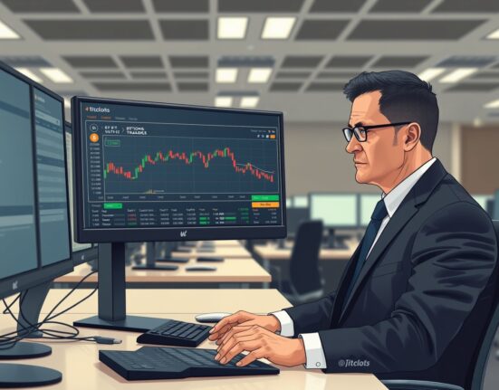 Financial analyst reviewing Bitcoin options trading data on monitor during SEC regulatory review