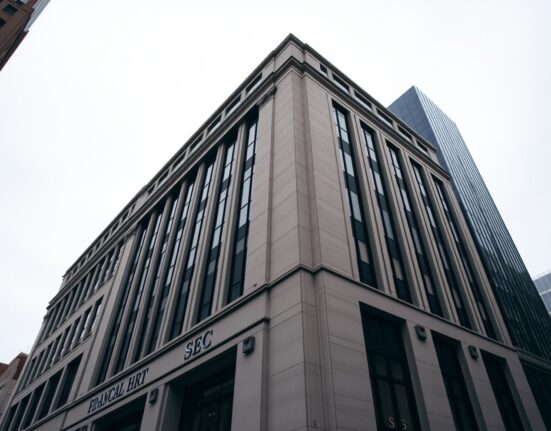 Exterior view of the SEC headquarters building under overcast sky, representing regulatory review of a new ETF product.