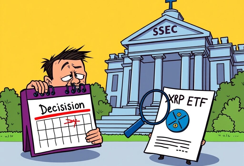 A cartoon showing the SEC delaying a decision on a Spot XRP ETF, symbolizing investor anticipation and regulatory pause.