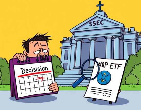 A cartoon showing the SEC delaying a decision on a Spot XRP ETF, symbolizing investor anticipation and regulatory pause.