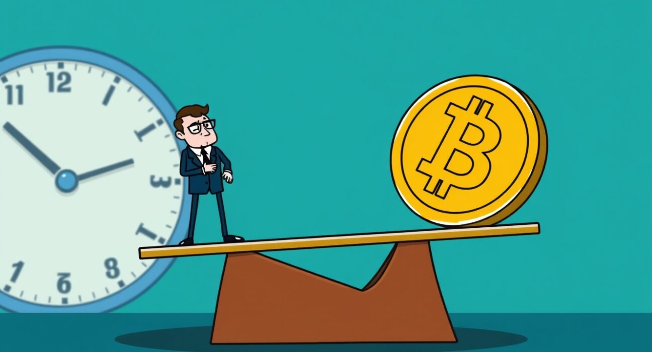 A cartoon showing the SEC weighing the decision for a Truth Social spot Bitcoin ETF, highlighting the extended review period.