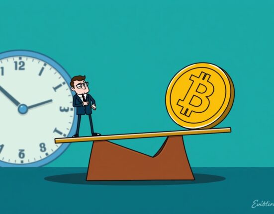 A cartoon showing the SEC weighing the decision for a Truth Social spot Bitcoin ETF, highlighting the extended review period.