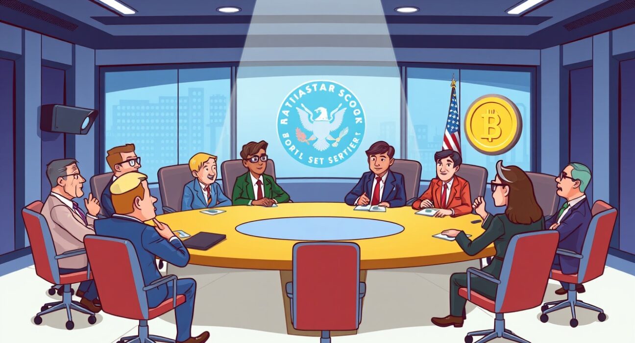 A vibrant cartoon of the SEC financial surveillance and privacy roundtable discussion with regulators and crypto experts.