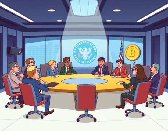 A vibrant cartoon of the SEC financial surveillance and privacy roundtable discussion with regulators and crypto experts.