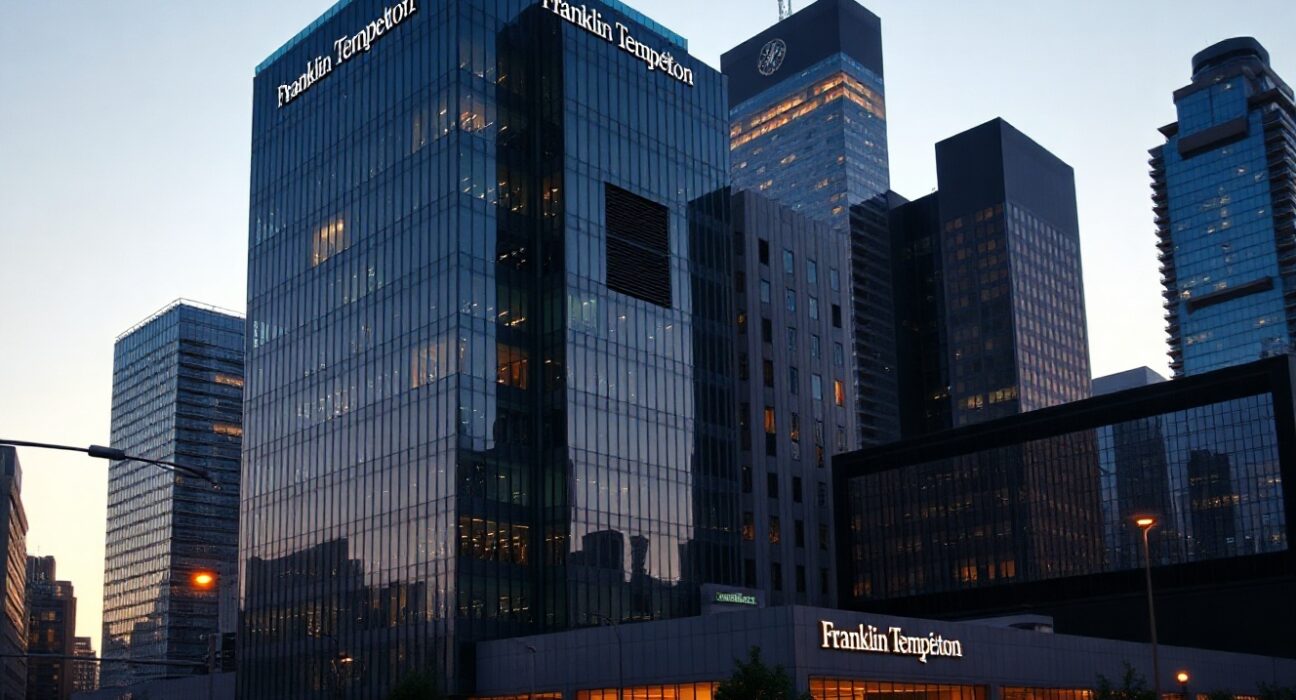 Franklin Templeton headquarters building with subtle digital network overlay representing blockchain integration