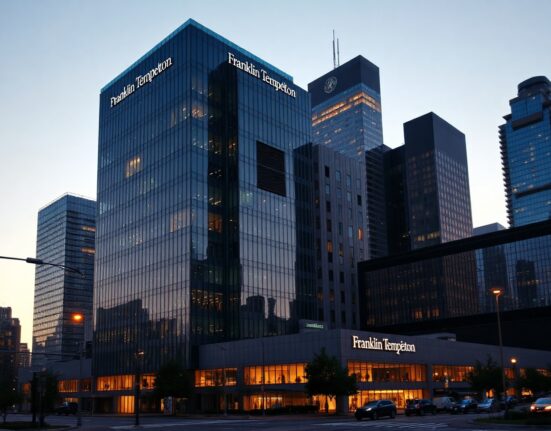 Franklin Templeton headquarters building with subtle digital network overlay representing blockchain integration