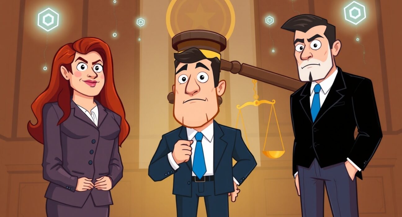 Cartoon illustration of SEC enforcement barring former FTX executives from officer roles.