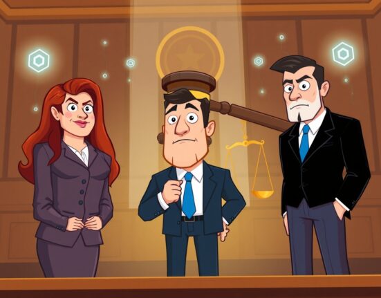 Cartoon illustration of SEC enforcement barring former FTX executives from officer roles.