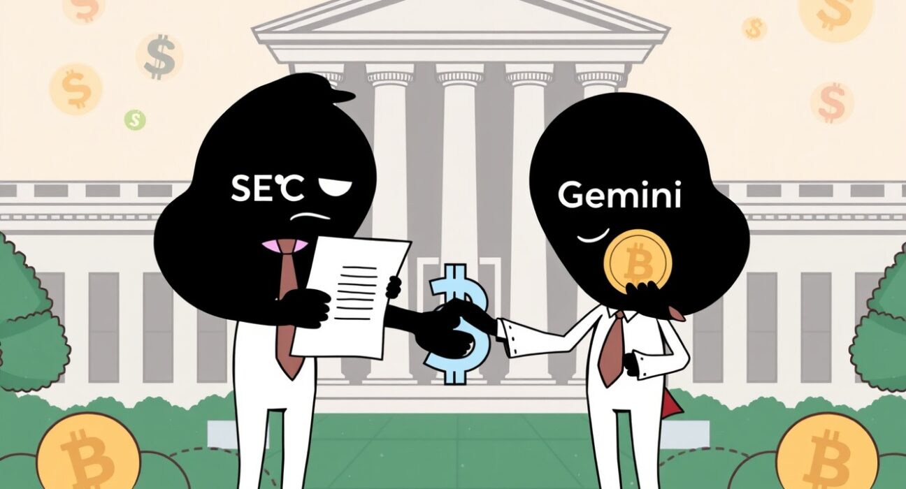 A cartoon illustration showing a tentative SEC Gemini settlement being reached, symbolizing resolution and regulatory progress in the crypto space.