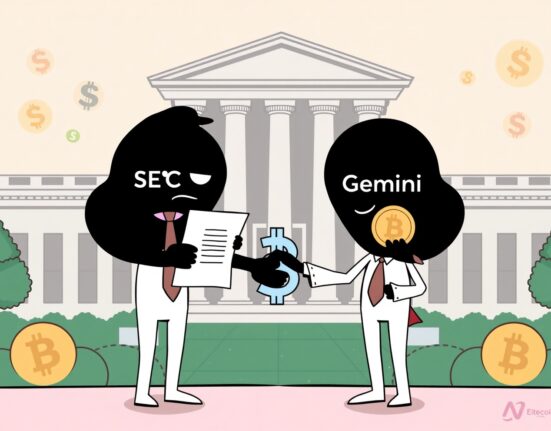 A cartoon illustration showing a tentative SEC Gemini settlement being reached, symbolizing resolution and regulatory progress in the crypto space.