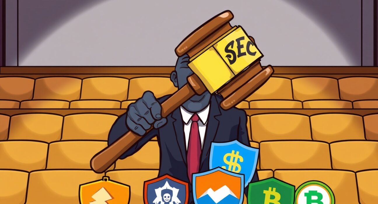 Cartoon of a frozen SEC gavel halting legal action against colorful cryptocurrency symbols.