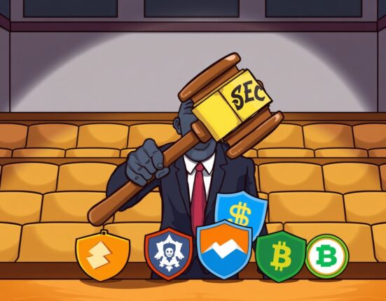 Cartoon of a frozen SEC gavel halting legal action against colorful cryptocurrency symbols.