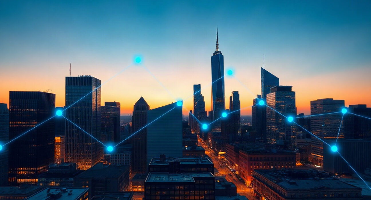 Financial district skyline with digital blockchain network overlay symbolizing crypto regulation