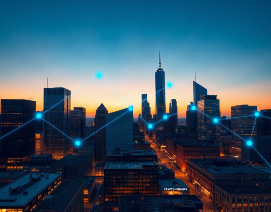Financial district skyline with digital blockchain network overlay symbolizing crypto regulation