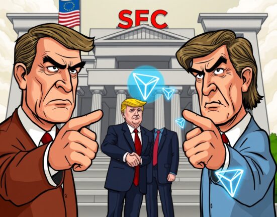 A cartoon illustration of US lawmakers questioning the SEC's handling of the **SEC Justin Sun lawsuit** amidst political and crypto concerns.