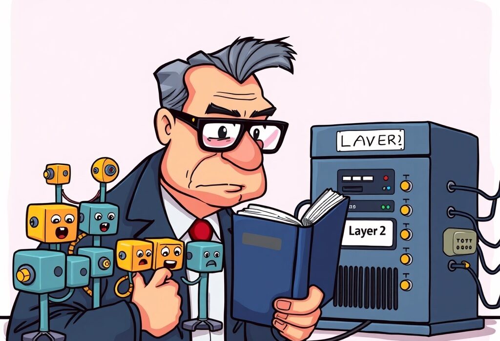 A cartoon depiction of a regulator examining centralized Layer 2 protocols, highlighting potential Layer 2 regulation challenges.