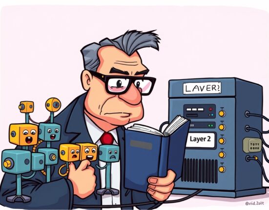 A cartoon depiction of a regulator examining centralized Layer 2 protocols, highlighting potential Layer 2 regulation challenges.
