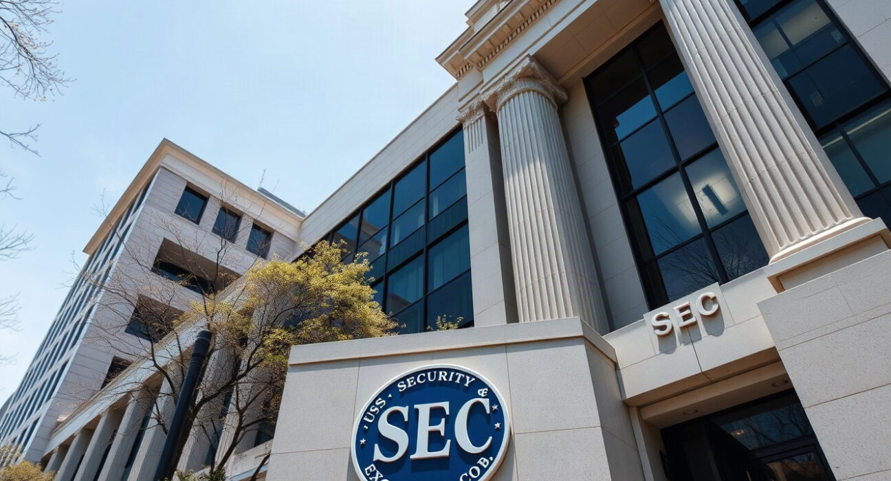 U.S. SEC headquarters in Washington, D.C., with clear signage and a bright sky.