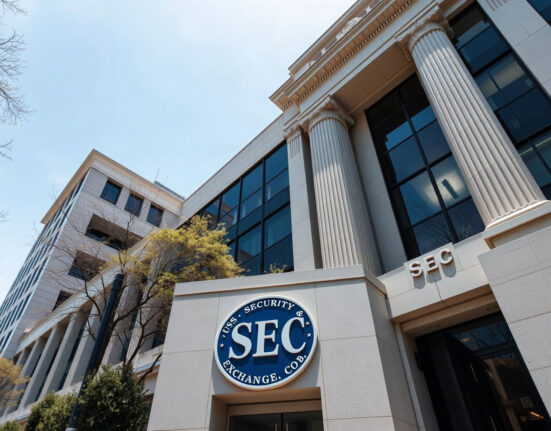 U.S. SEC headquarters in Washington, D.C., with clear signage and a bright sky.