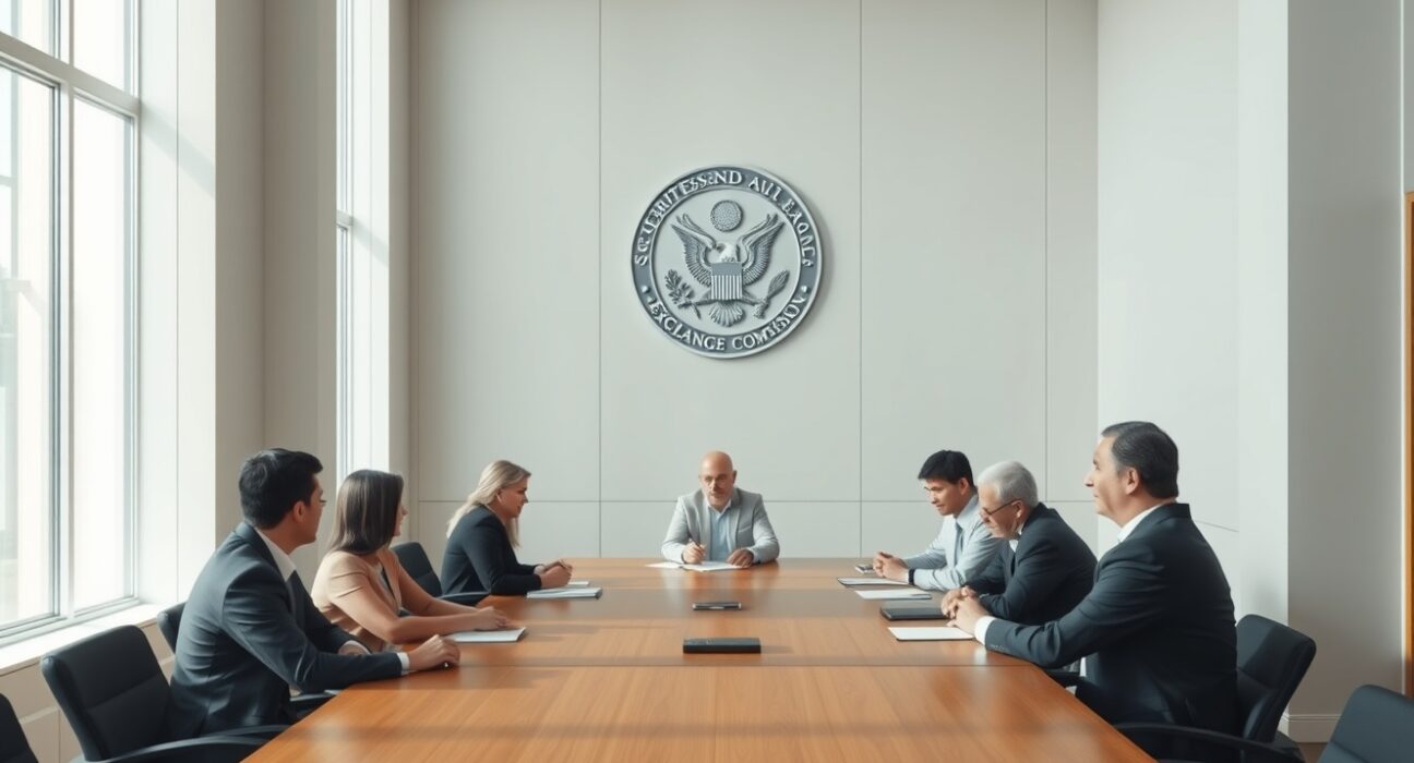 Regulatory meeting scene with SEC officials and blockchain industry representatives discussing DeFi rules.
