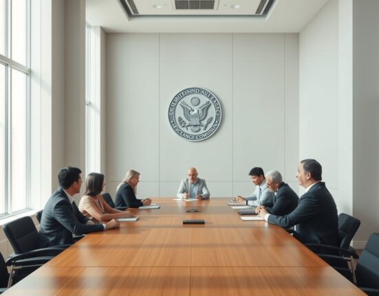 Regulatory meeting scene with SEC officials and blockchain industry representatives discussing DeFi rules.