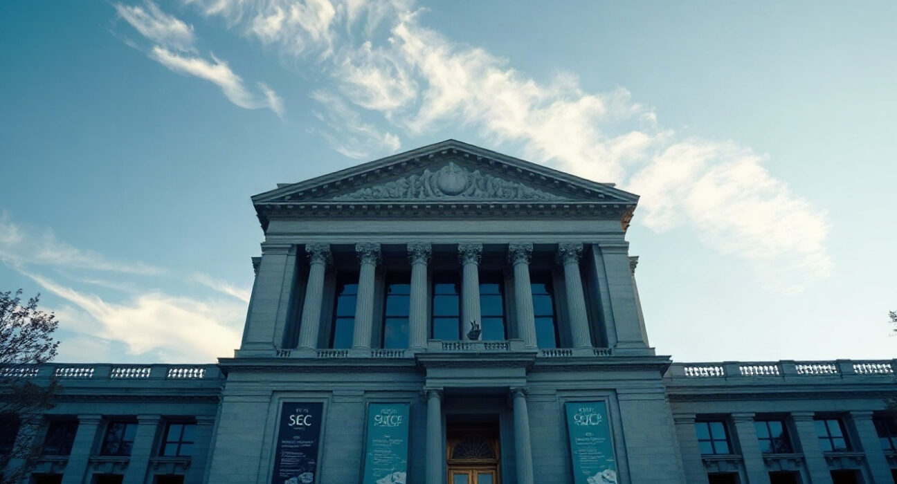 SEC headquarters building with digital blockchain overlay symbolizing tokenized securities regulation