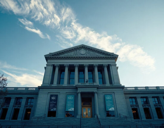 SEC headquarters building with digital blockchain overlay symbolizing tokenized securities regulation
