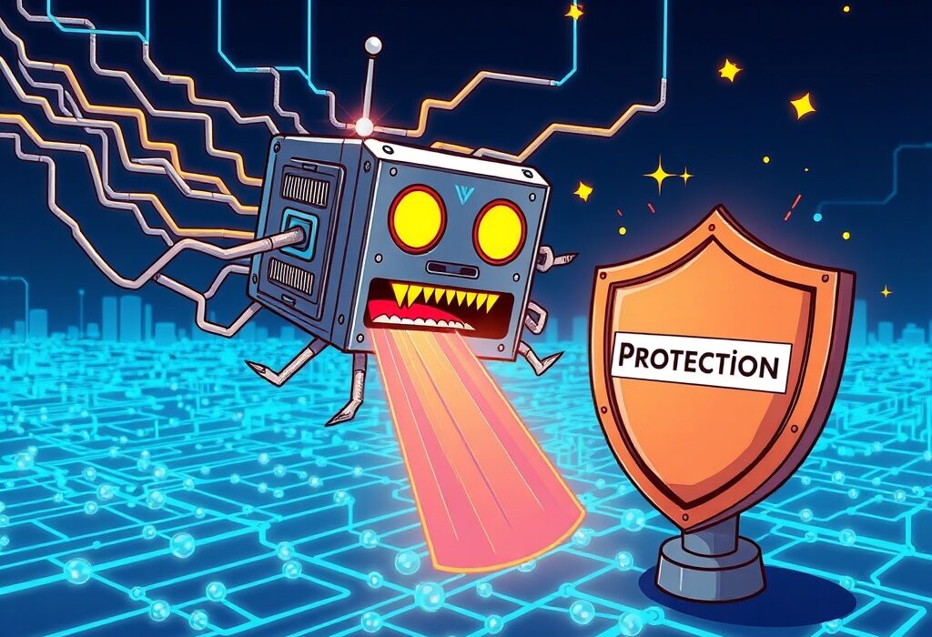 An illustration of a shield safeguarding digital assets from a quantum computing security threat, emphasizing the need for robust protection.