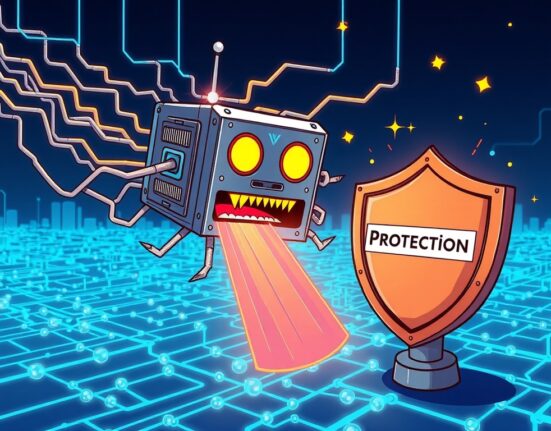 An illustration of a shield safeguarding digital assets from a quantum computing security threat, emphasizing the need for robust protection.