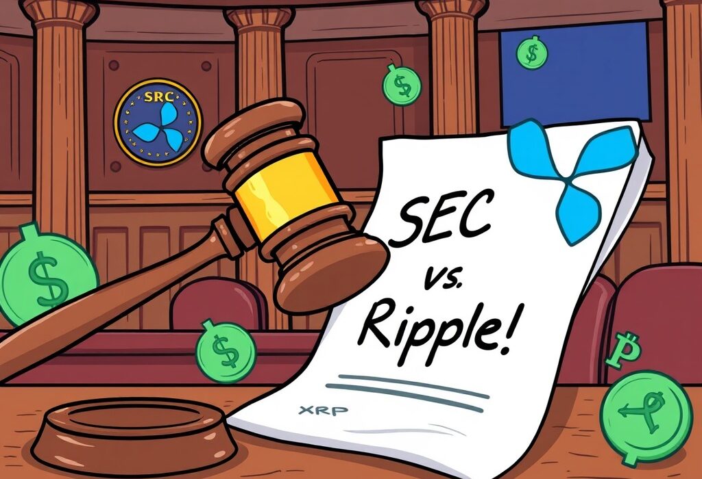 A gavel striking a document, symbolizing the crucial SEC Ripple dismissal and a significant legal development for XRP.