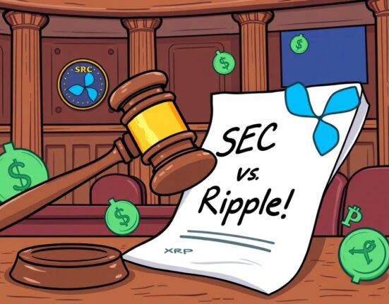 A gavel striking a document, symbolizing the crucial SEC Ripple dismissal and a significant legal development for XRP.