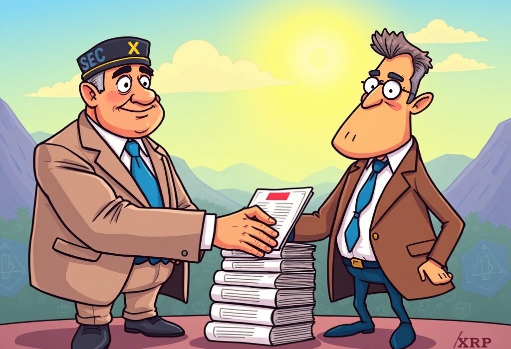 Cartoon showing SEC and Ripple resolving their long-running SEC-Ripple litigation, symbolizing a new era for crypto.