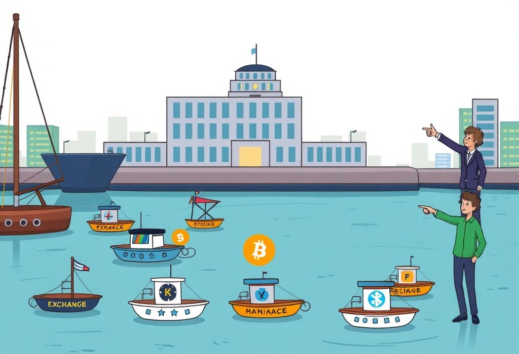 A cartoon illustration showing a safe harbor for dApp developers, symbolizing regulatory clarity and support for decentralized applications.