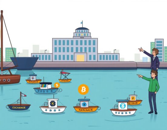 A cartoon illustration showing a safe harbor for dApp developers, symbolizing regulatory clarity and support for decentralized applications.