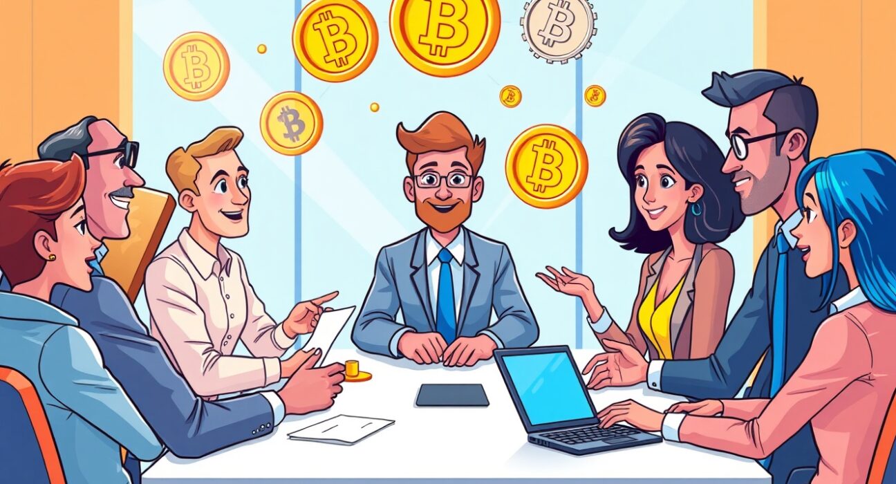 SEC committee discussing securities tokenization in vibrant business meeting illustration