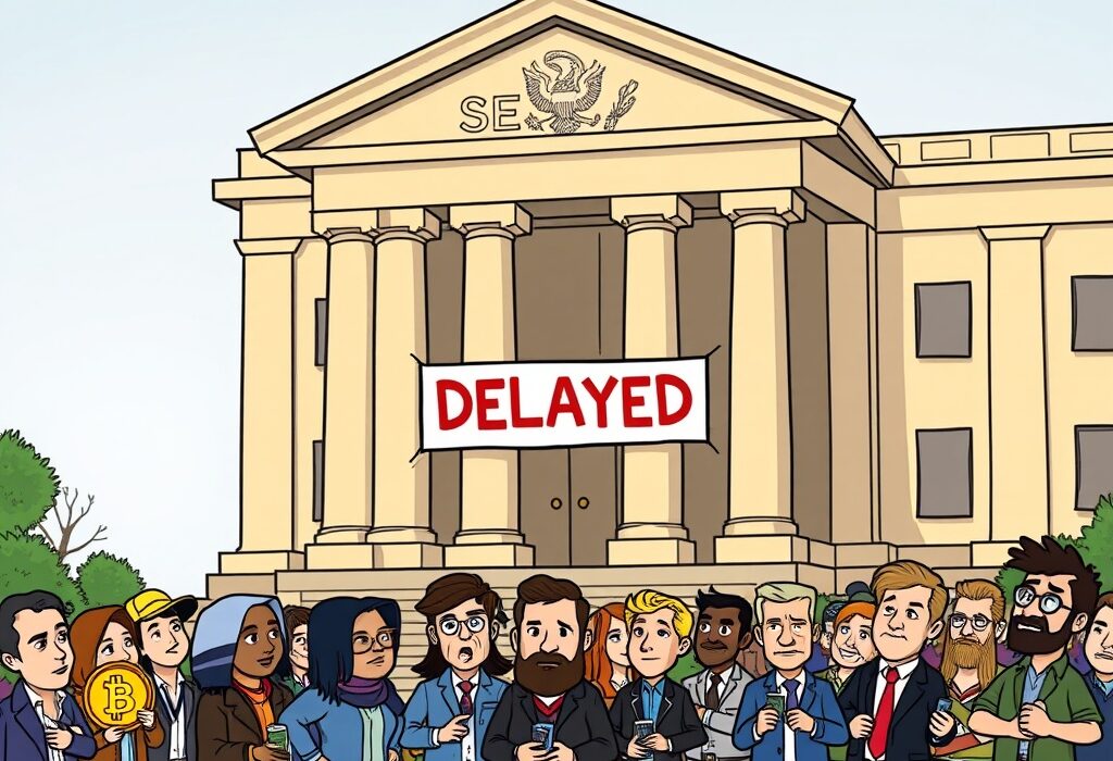 An anxious crowd of investors facing a delayed decision sign on a building, symbolizing the SEC's Spot Crypto ETF Delay and market uncertainty.