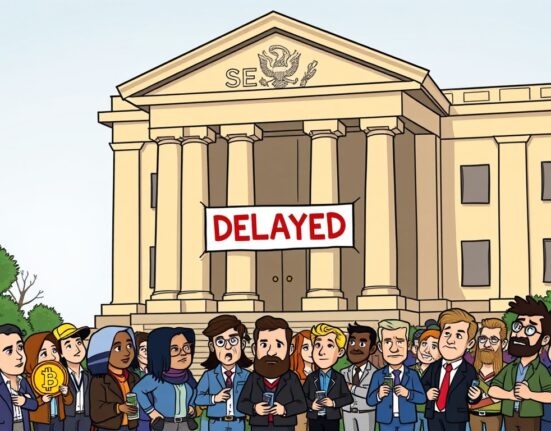 An anxious crowd of investors facing a delayed decision sign on a building, symbolizing the SEC's Spot Crypto ETF Delay and market uncertainty.
