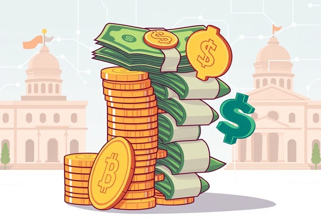 An illustration depicting the SEC stablecoin guidance, where digital assets are integrated into traditional financial concepts, symbolizing their new cash equivalent status.