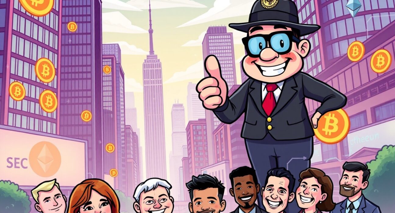 A cartoon illustration showing the SEC streamlining crypto ETF listings, symbolizing easier access to cryptocurrency investments.