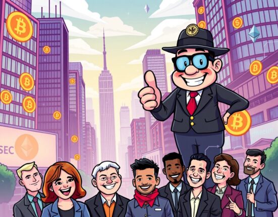 A cartoon illustration showing the SEC streamlining crypto ETF listings, symbolizing easier access to cryptocurrency investments.