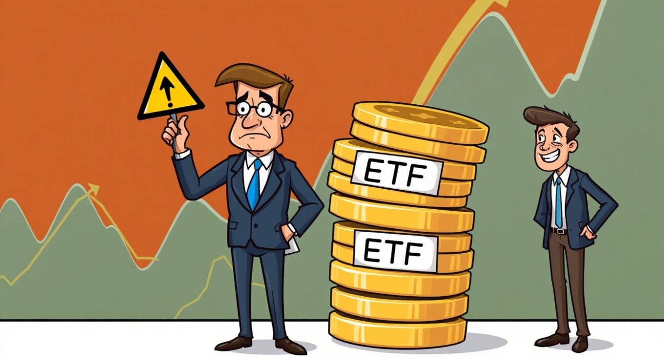 SEC regulator warning investors about the risks of high-leverage ETFs in a cartoon financial scene.