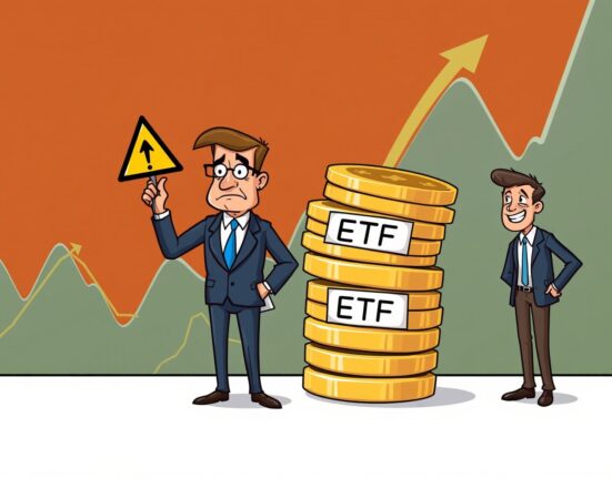 SEC regulator warning investors about the risks of high-leverage ETFs in a cartoon financial scene.